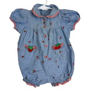 Vintage Romper Cherries Strawberries Blue Button Front Gingham - 6-9 Months